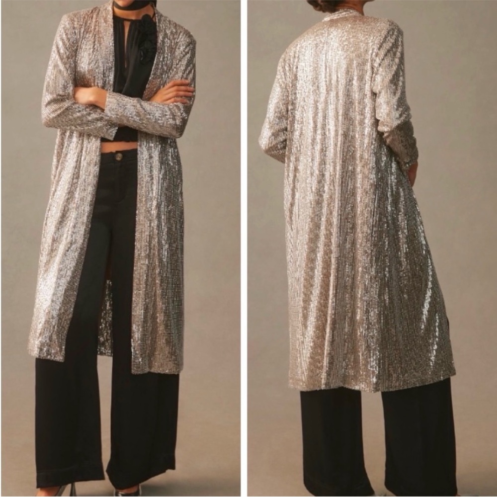 Anthropologie Duster Sparkle Formal Silver Sequin Long Cardigan